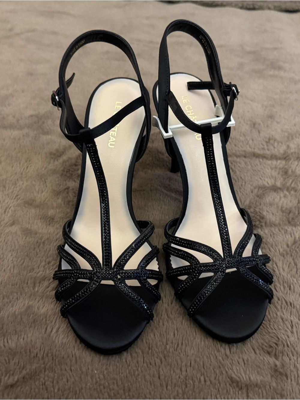le chateau Brand New Sparkle Crystal Black Strappy T‑Bar Evening Satin Heels - Picture 8 of 15